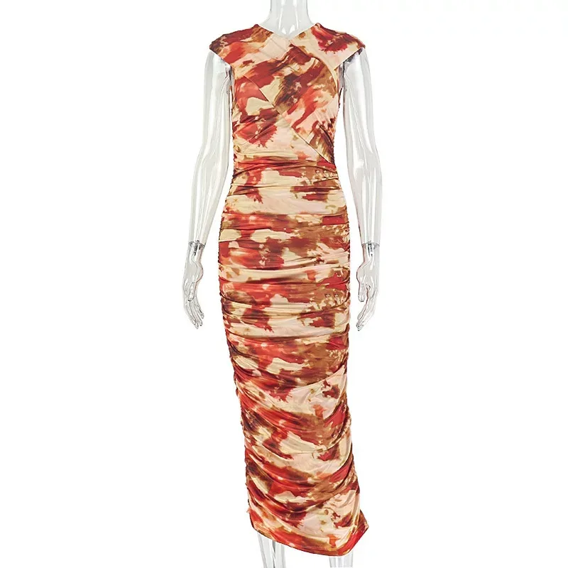 Elegant Sleeveless Bodycon Dress V Neck Ruched Color Block Chic Style for Parties or Events Whol