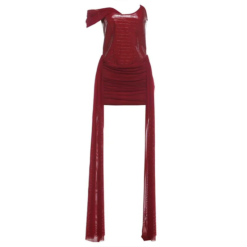 Strapless Bodycon Dress with Sheer Overlay and Ribbons in Red and Black for Summer Events Wholesale private label Strapless Bodycon Dress with Sheer Overlay and Ribbons in Red and Black for Summer Events Wholesale private label