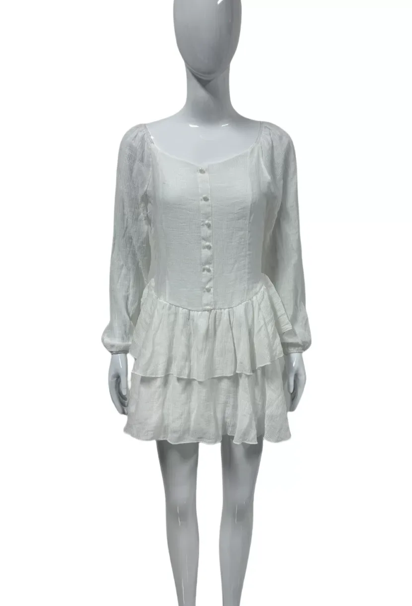 Womens Early Autumn Fashion Dress Solid Color Puff Sleeves Slim Fit Chiffon Fabric French Style