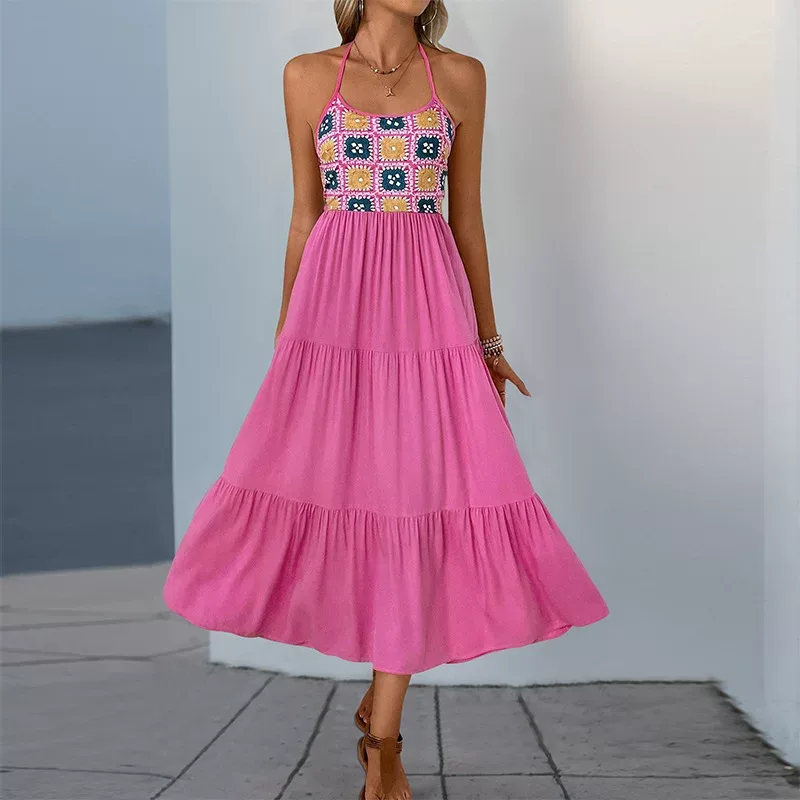 Pink Halter Neck Color Block Dress for Women Sweet Summer Vacation Style Available in S to XL Wholesale Ready to Ship