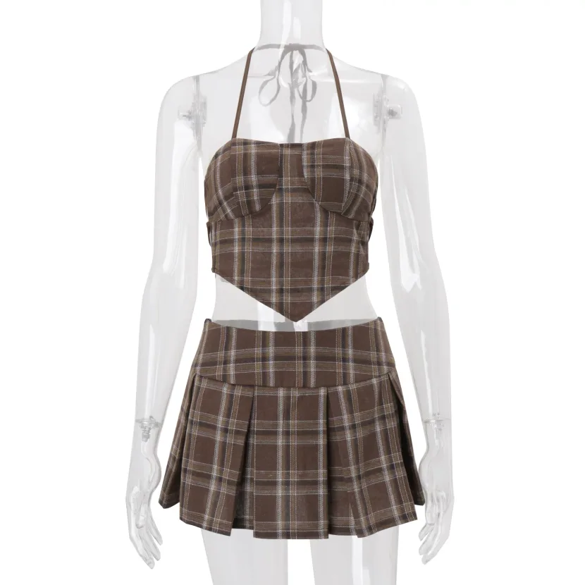 Vintage Striped Plaid Halter Top and Low Waist Pleated Skirt Set Spring Collection Womens Fashio