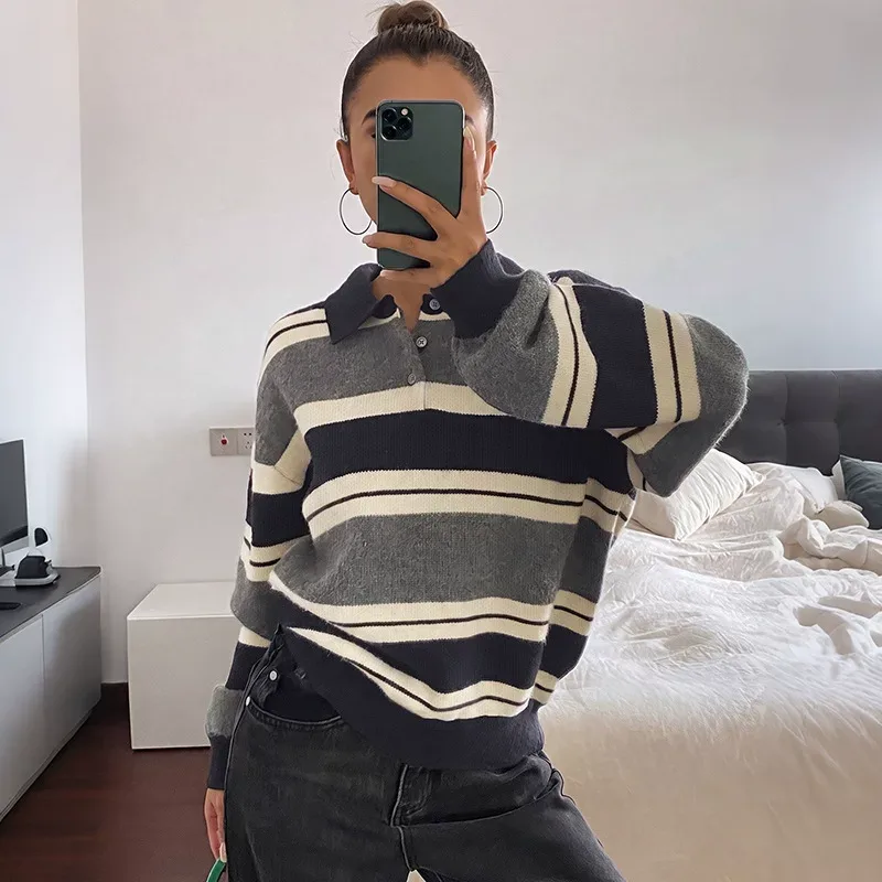 Loose Fit Striped Knit Sweater for Women Soft Fabric Classic Collar Casual Style Available in Blue Wholesale