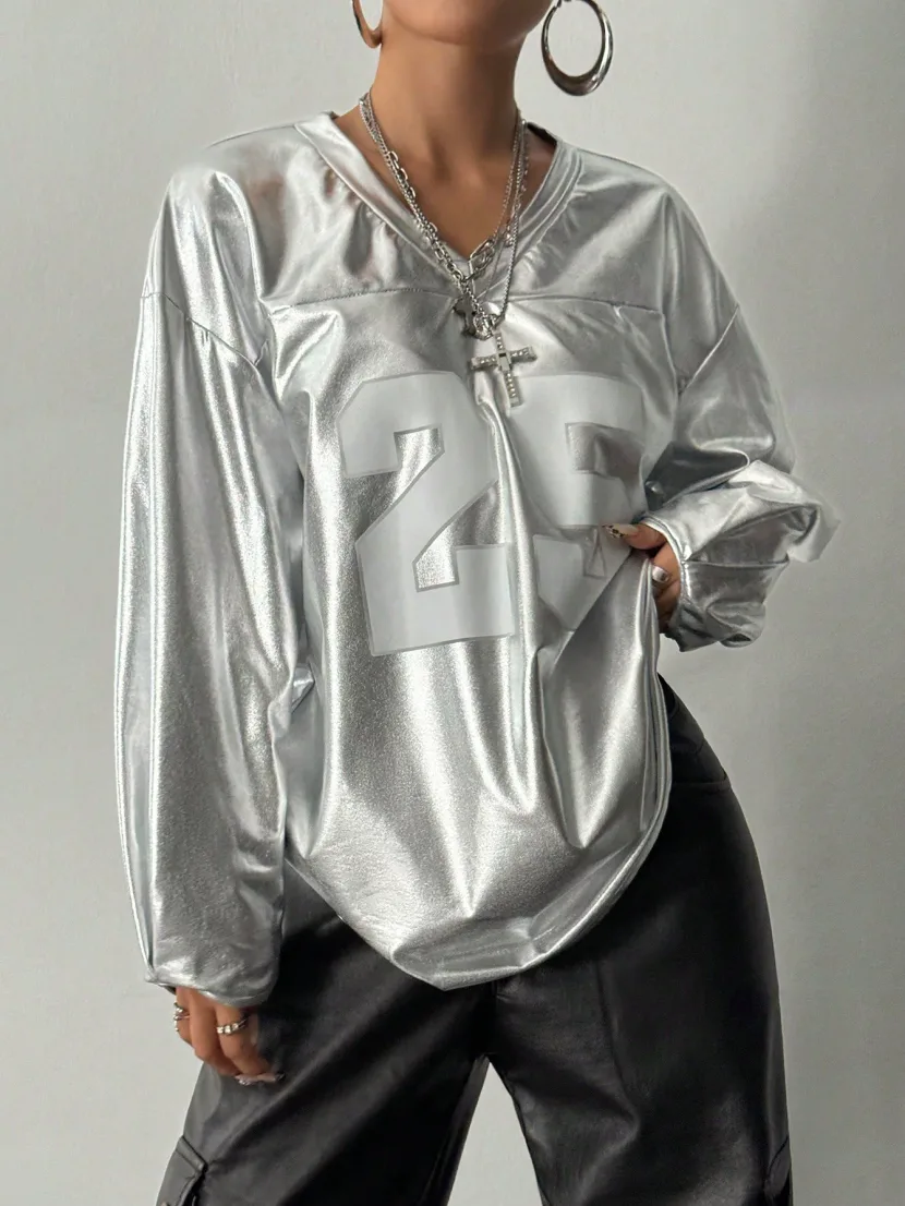 Womens Casual Long Sleeve V Neck Top Letter Print Street Style Trendy Design Perfect for Everyda