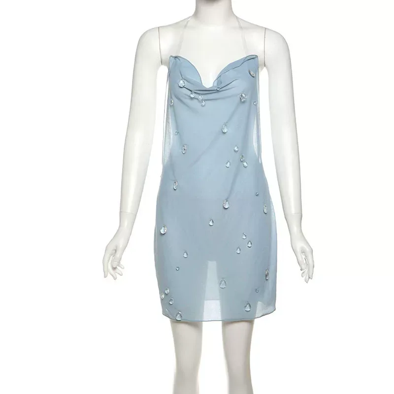 Summer Womens Bodycon Mini Dress Halter Neck High Waist 3D Water Drop Decoration Casual Party We
