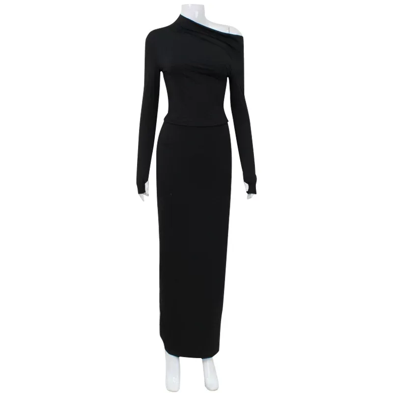 Irregular Design Long Sleeve Top and Midi Skirt Set Elegant Solid Color Slim Fit Versatile for C