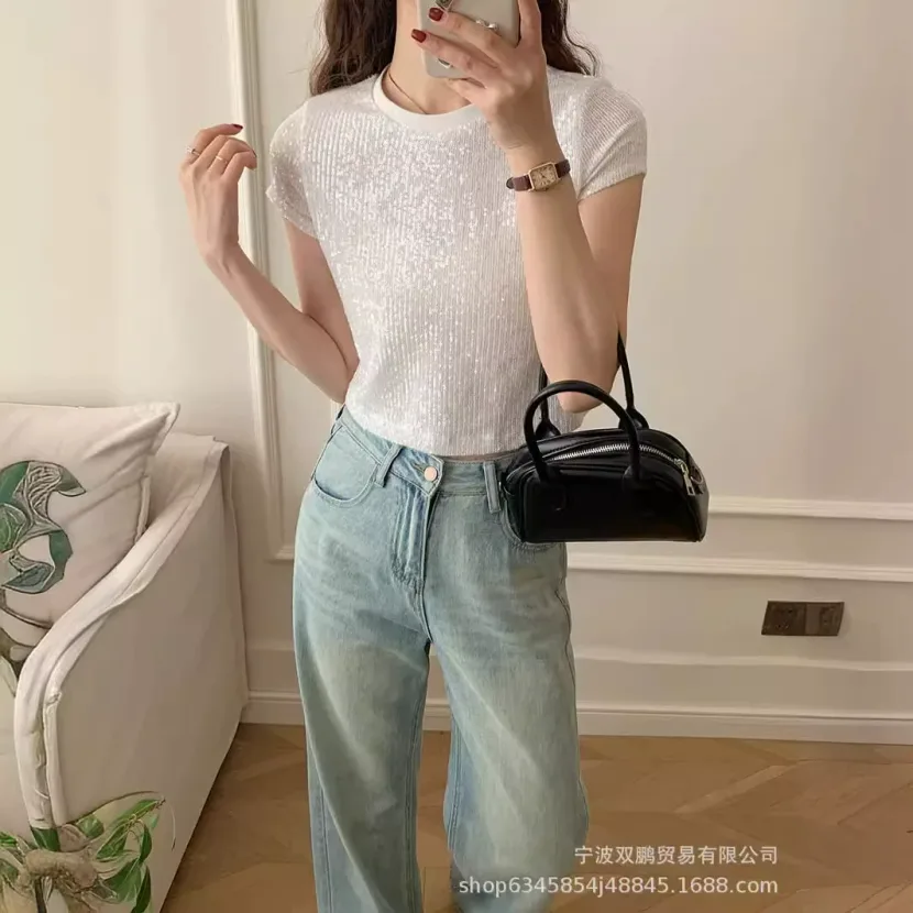 Summer Womens Sheer Mesh Top Short Sleeve Sequin Detail Pastel Colors Casual Wear Wholesale Avai