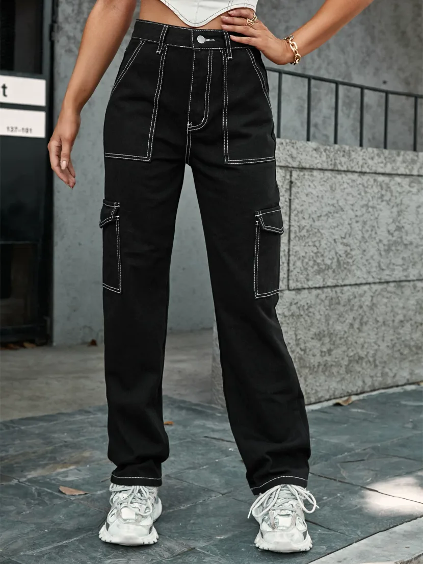 High Waisted Denim Pants Casual Style Patchwork Design Functional Pockets Versatile for Everyday