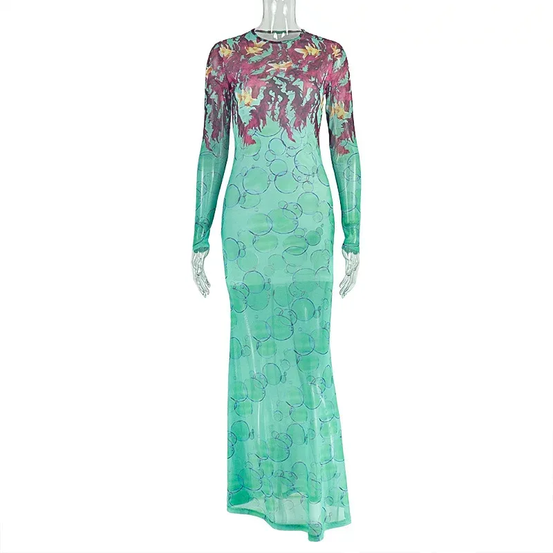 Vintage Floral Print Bodycon Dress High Neck Long Sleeve Slim Fit Elegant Style for Parties and