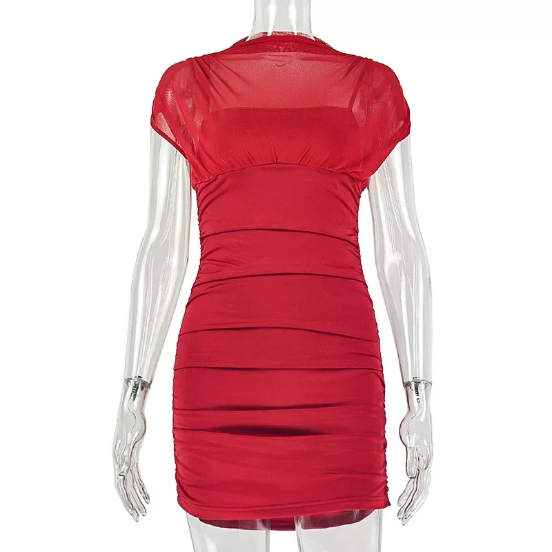 Slim Fit Solid Color Bodycon Dress for Women High Neck Short Sleeve Waist Cinching Fashionable f