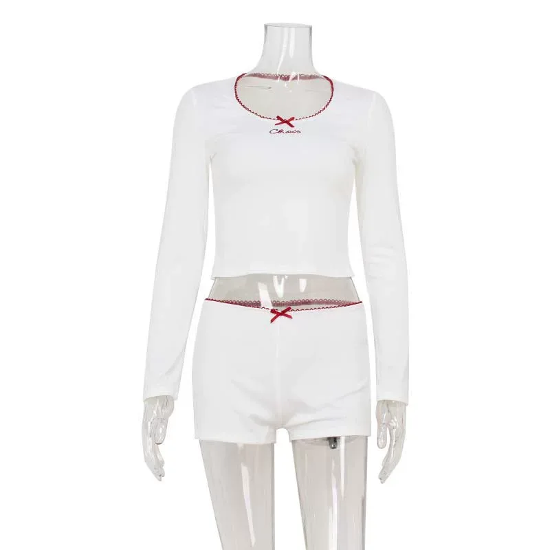 Color Block Bow Tie Long Sleeve Top and Shorts Set Feminine Style Spring Summer Fashion Wholesal