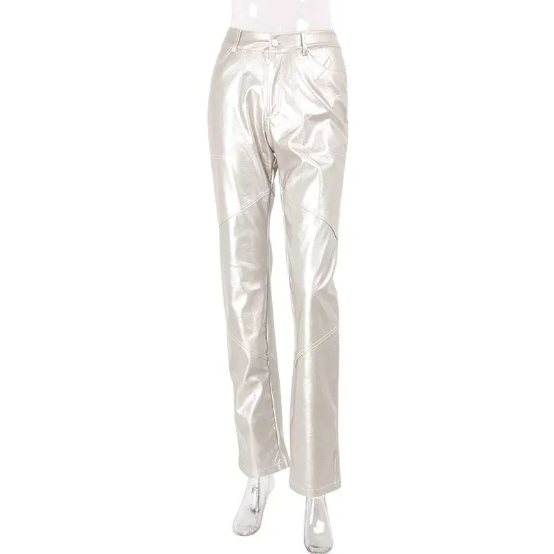Womens Street Style Silver Foil Wide Leg Trousers Casual Loose Fit Versatile Design Perfect for