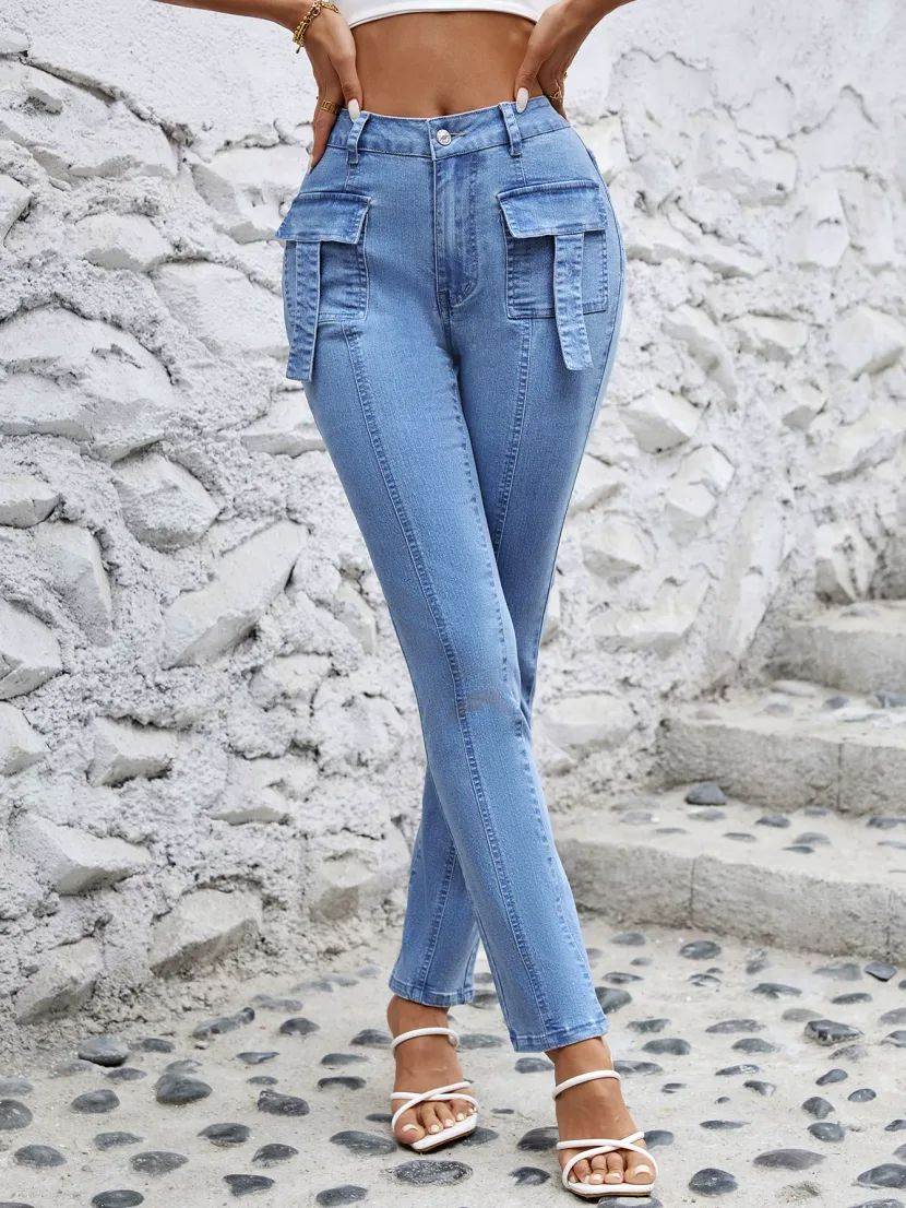 Womens Stretchy Casual Denim Cargo Pants Versatile Design Comfortable Fit Trendy Style Perfect f