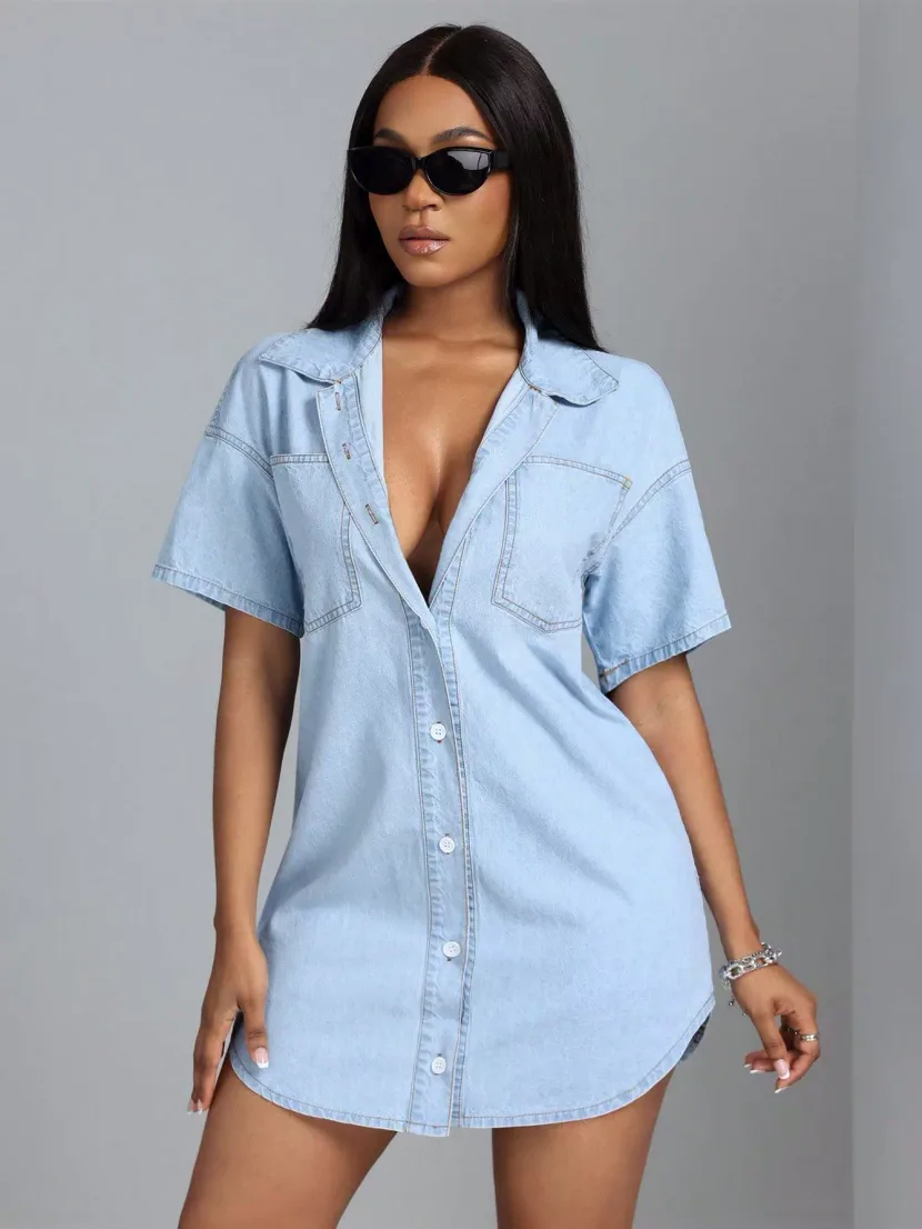 Loose Fit Denim Shirt Short Sleeve Lapel Collar Casual Style Perfect for Summer Wear Ready to Sh
