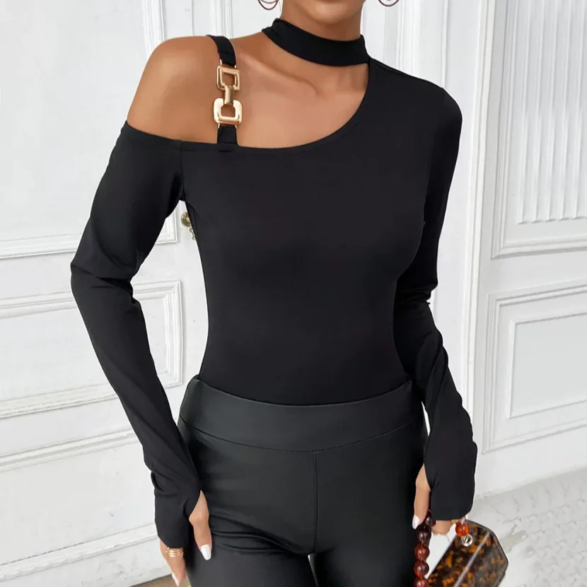 Womens Knitted Long Sleeve Top Sexy Halter Neck Slim Fit Lightweight Fabric Spring Summer Fashio