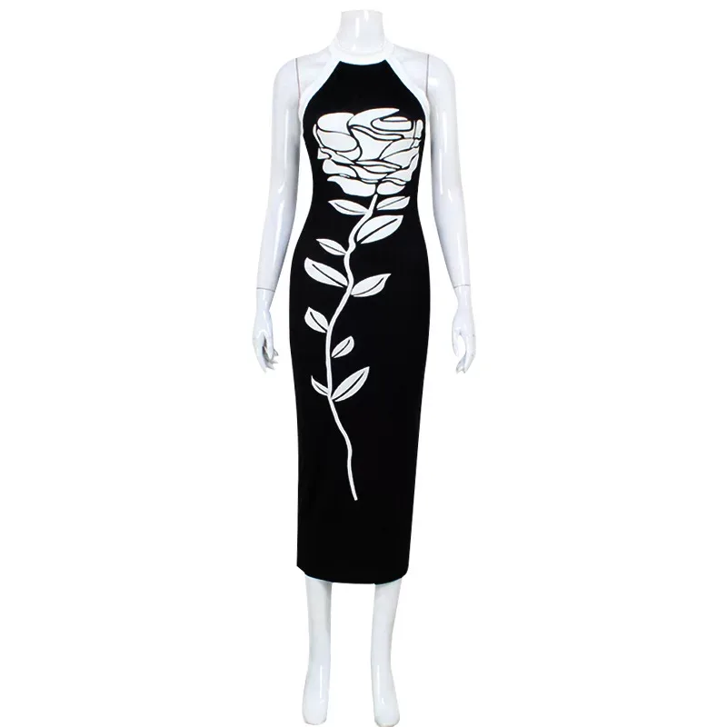 Sleeveless Halter Bodycon Dress Slim Fit Floral Print Elegant Style Perfect for Parties and Even