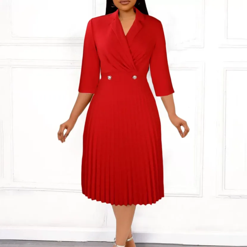 Elegant Womens Dress Solid Color Pleated Design Suit Collar Autumn Fashion for Casual or Formal