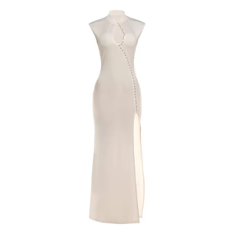 Summer Womens Dress Solid Color Elegant High Slit Slim Fit Stand Collar Perfect for Parties and