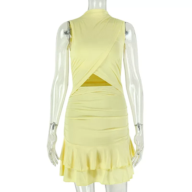 Solid Color A Line Dress for Women Ruffled Waist Hollow Out Design Short Sleeve Casual Style Who