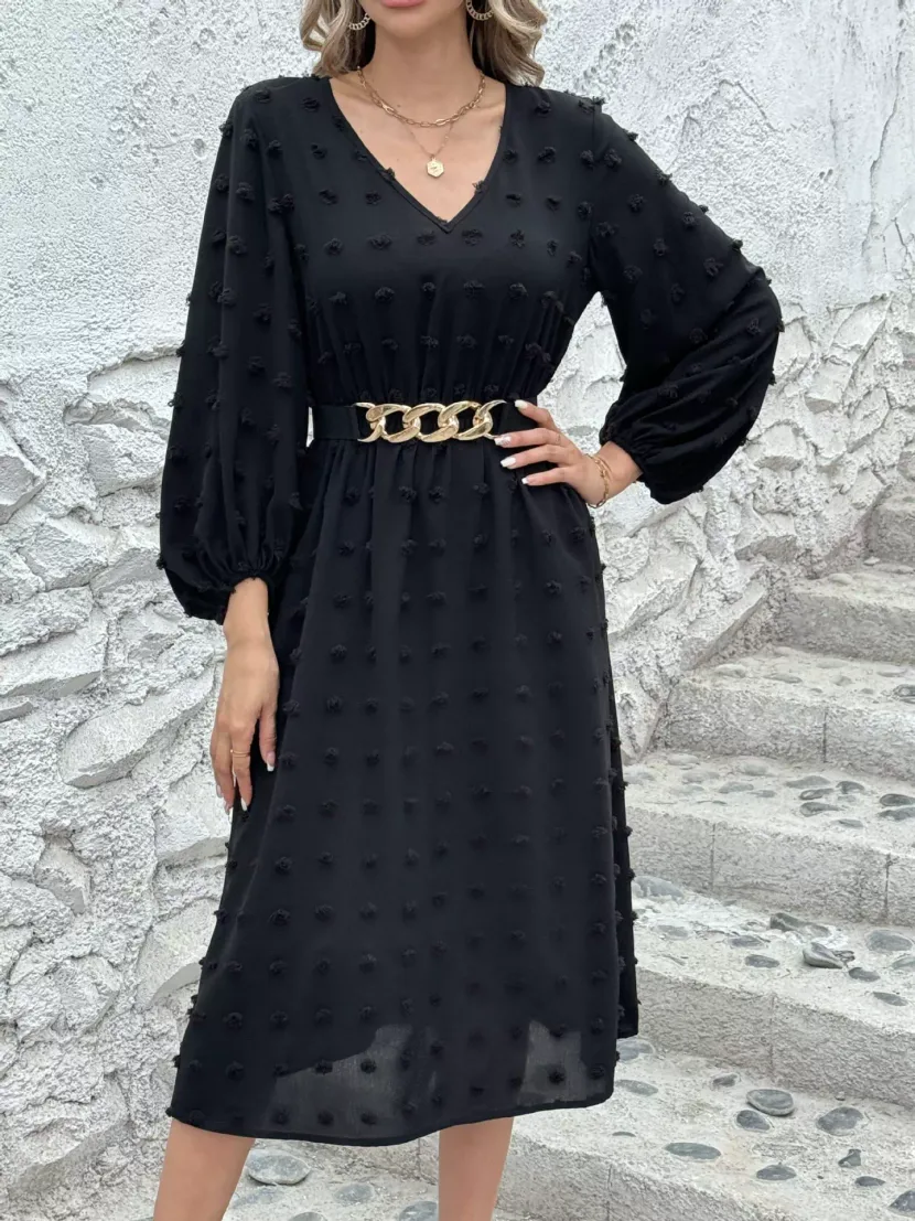 French V Neck Long Sleeve Dress Stylish Pom Detail Chic Casual Wear for Women Ready to Ship OEM