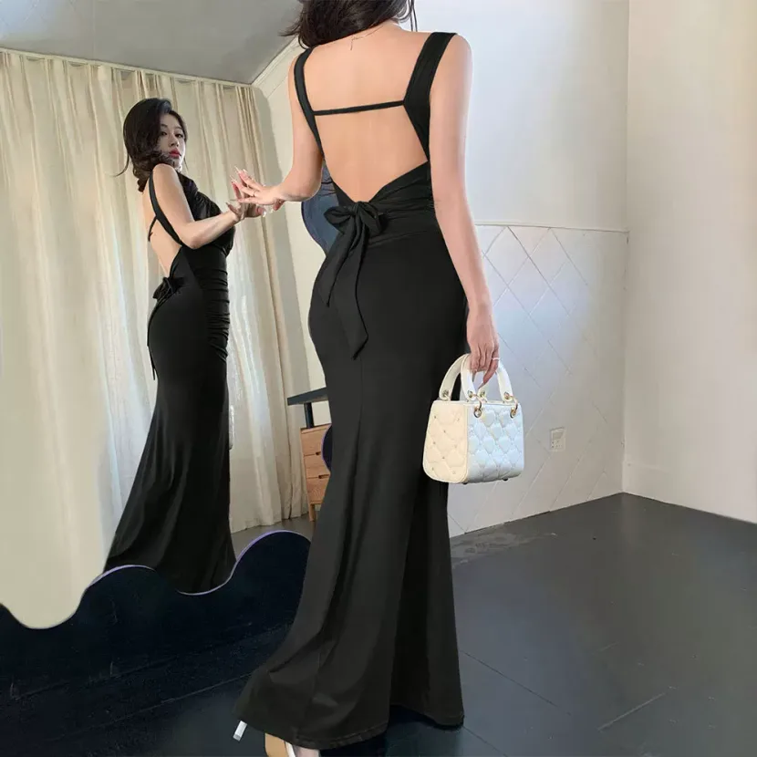 High Waisted Bodycon Maxi Dress Sleeveless V Neck Backless Solid Color Summer Style Wholesale Av