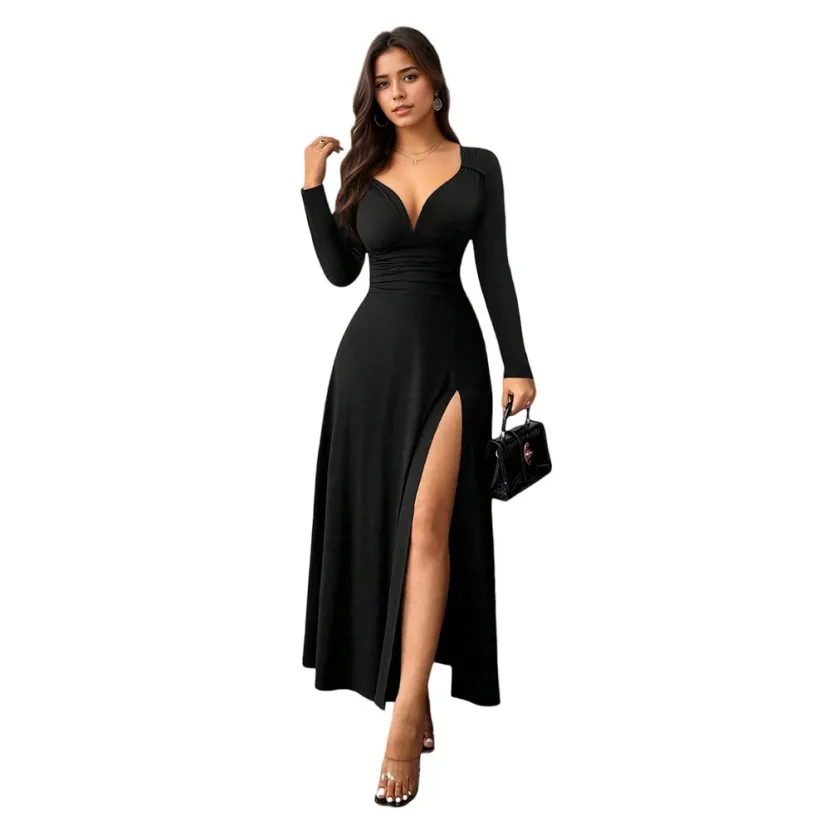 Vintage Deep V Neck Long Sleeve Black Maxi Dress Slim Fit Waist Defining Elegant Style Perfect f
