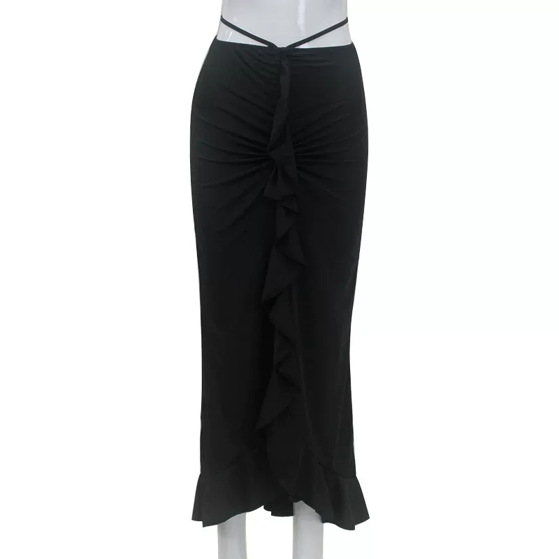 Elegant French Style High Waisted Midi Skirt Slim Fit Ruffled Hem Lace Up Design Perfect for Cas