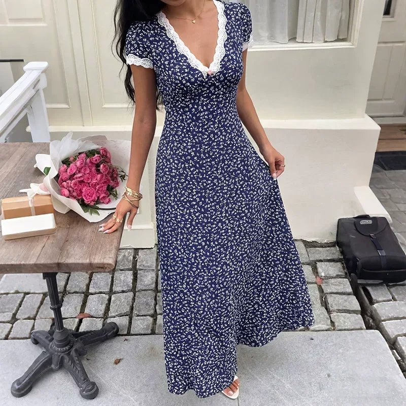 Floral Print Lace Trimmed V Neck Short Sleeve Dress Sweet Vacation Style Ideal for Summer Events