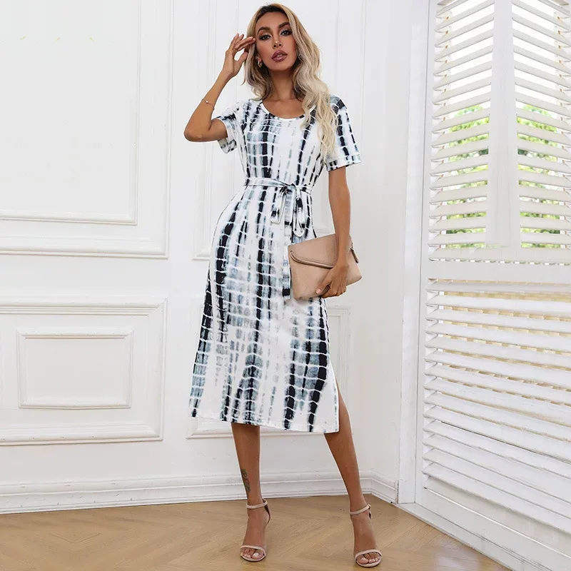 Summer Tie Dye Printed Short Sleeve Bodycon Dress Stylish Comfortable Trendy Perfect for Casual