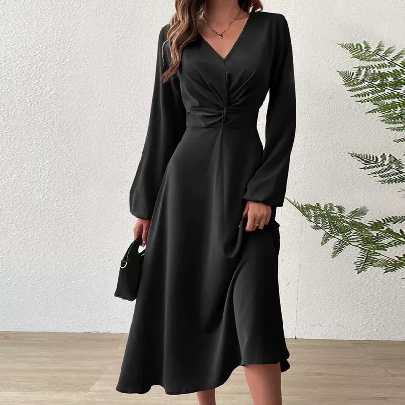 French Style V Neck Midi Dress Elegant A Line Silhouette High Waist Autumn Winter Fashion Wholes