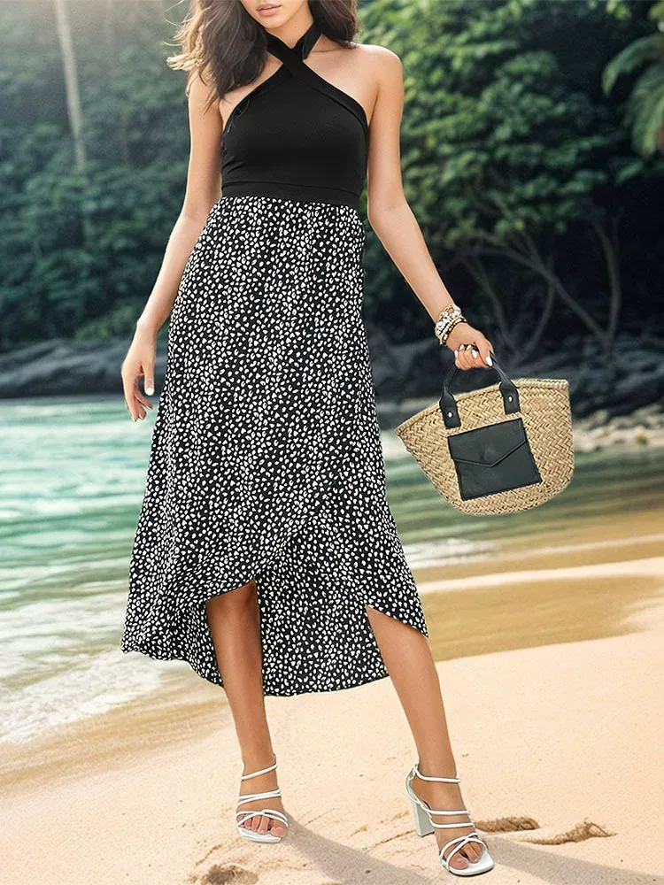 Summer Fashion Leopard Print Halter Dress Irregular Split Design Trendy Style Perfect for Partie