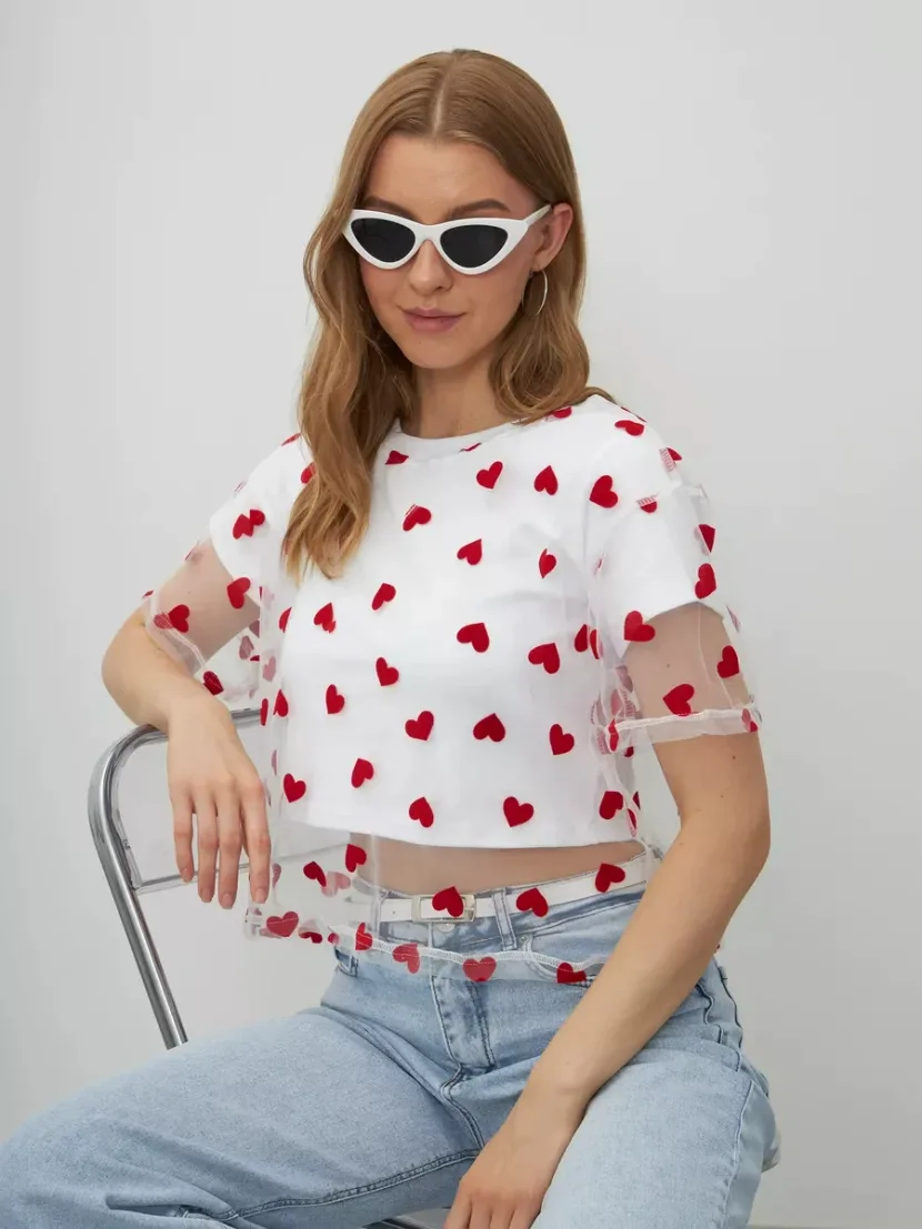 Color Block Heart Mesh Panel T Shirt for Women Short Sleeve Y2K Style Cotton Fabric Summer Casua