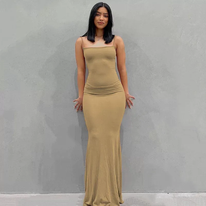 Womens Solid Color Bodycon Maxi Dress Spaghetti Straps Mermaid Hem Peach Butt Lift Elegant Eveni