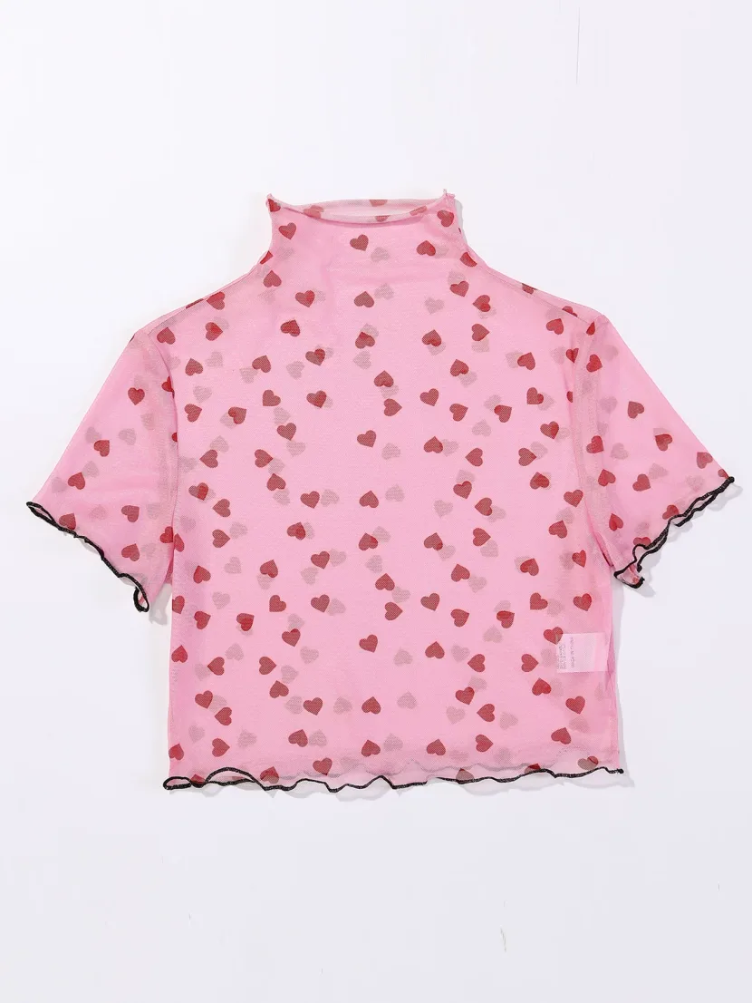 Short Cropped T Shirt Sweet Floral Print Sheer Fabric Casual Style Perfect for Summer Outings Wh