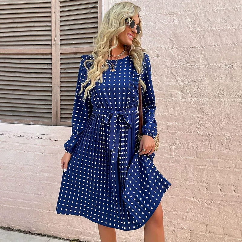 Ruffled Long Sleeve Polka Dot Dress Fashionable Autumn Winter Style Perfect for Casual or Formal