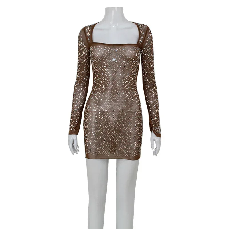 Elegant Square Neck Long Sleeve Dress with Rhinestones High Waist Chic Style Perfect for Parties