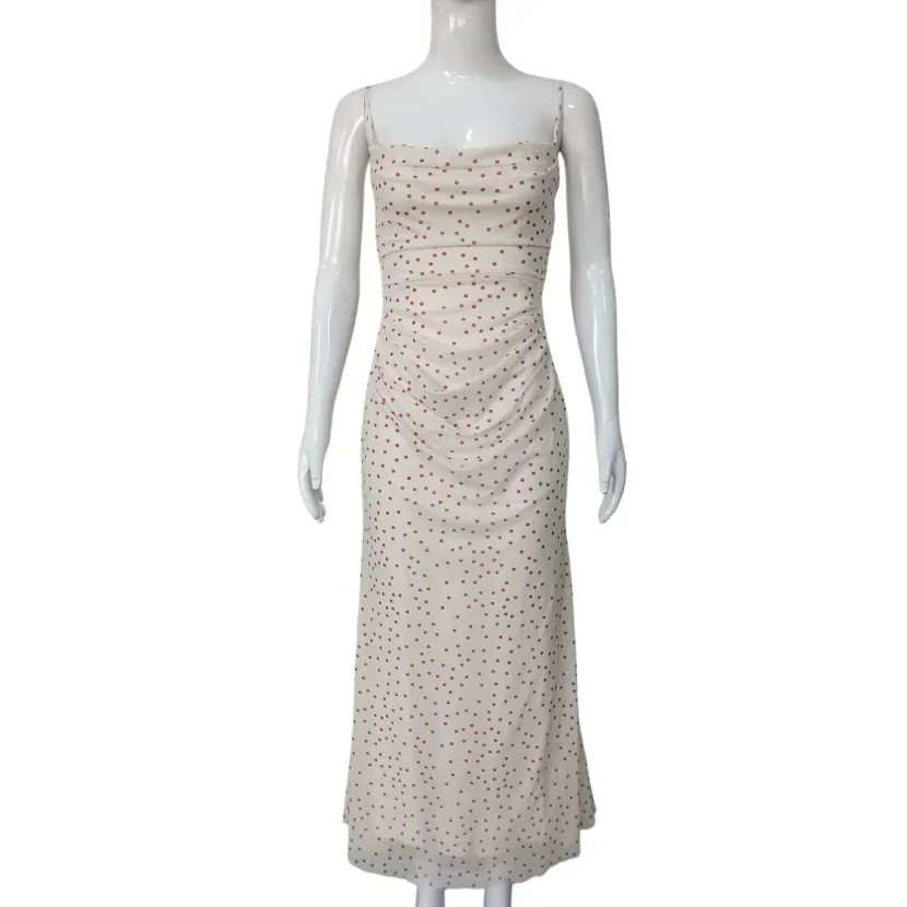 French Style Polka Dot Slip Dress Sleeveless Bodycon Fit Elegant Neckline Summer Vacation Wear W