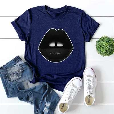 Plus Size Womens Black Short Sleeve T Shirt Lips Print Round Neck Fitted Style Casual Wear Whole