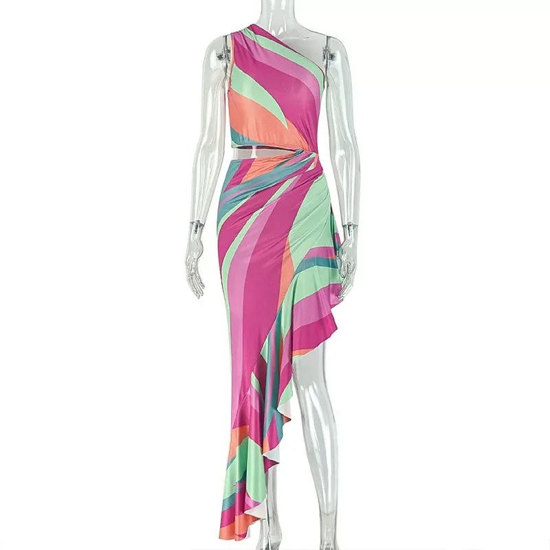 Fashionable Womens Rainbow Print Bodycon Dress Asymmetrical Neckline Summer Beach Style Wholesal