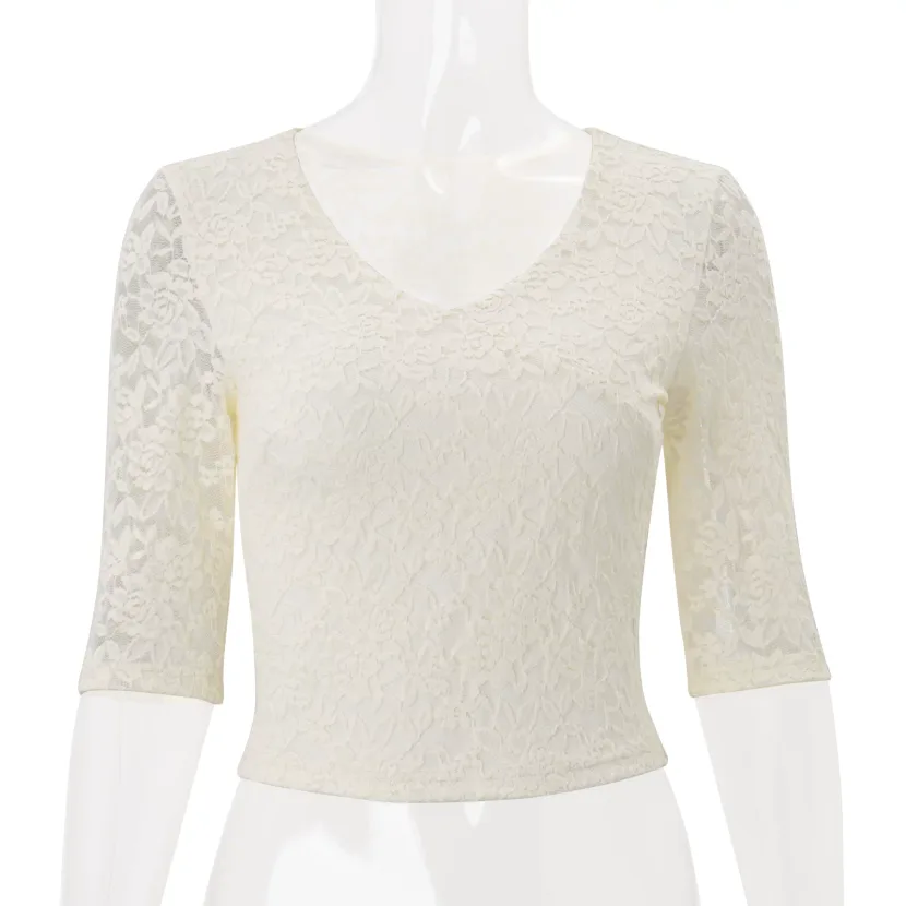 Womens V Neck Lace Short Sleeve T Shirt Slim Fit Apricot Color Summer Casual Wear