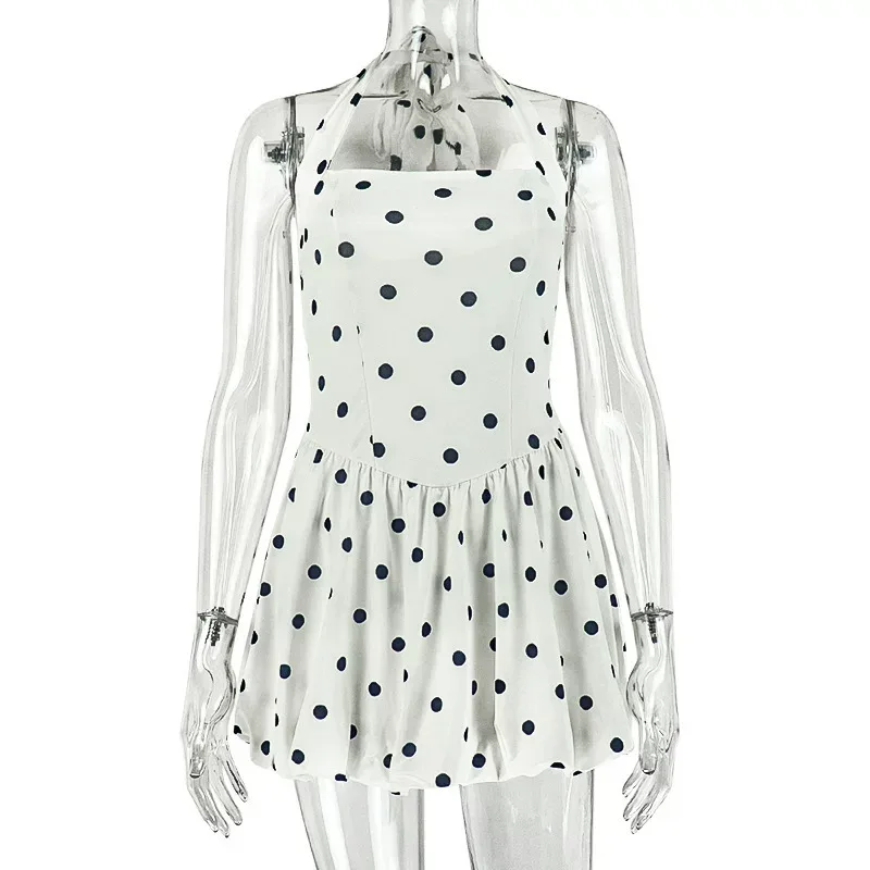 Chic A Line Dress Black and White Polka Dot Print Halter Neck Waist Cinching Design Ideal for Wo