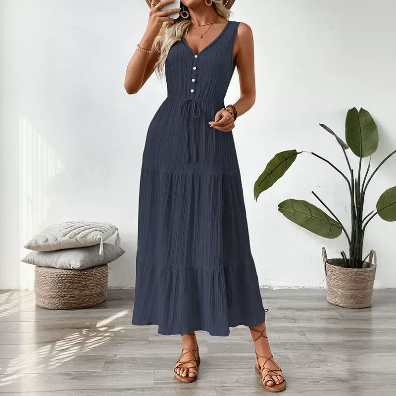 Sleeveless V Neck Summer Dress Minimalist Design Solid Color Adjustable Tie Casual Wear for Wome