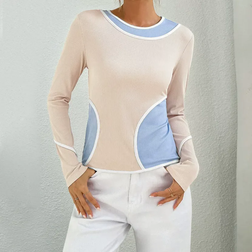 Womens Color Block Long Sleeve Knit Top Slim Fit Stretch Fabric Versatile Style Perfect for Casu