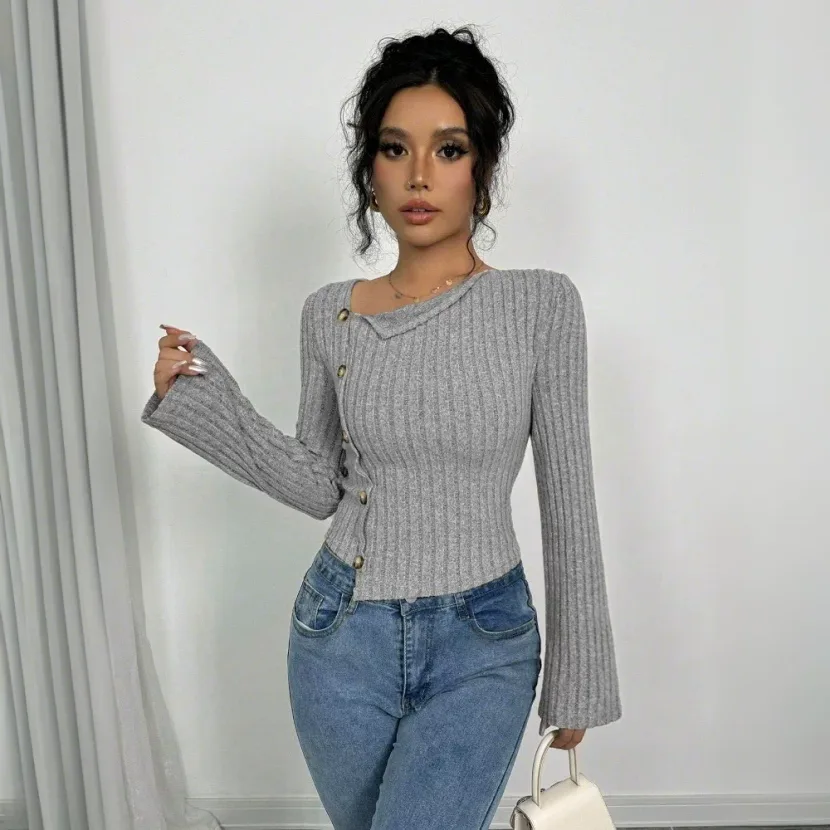 Elegant Womens T Shirt Slim Fit Long Sleeve Short Length Chic Style for Spring Summer Wholesale