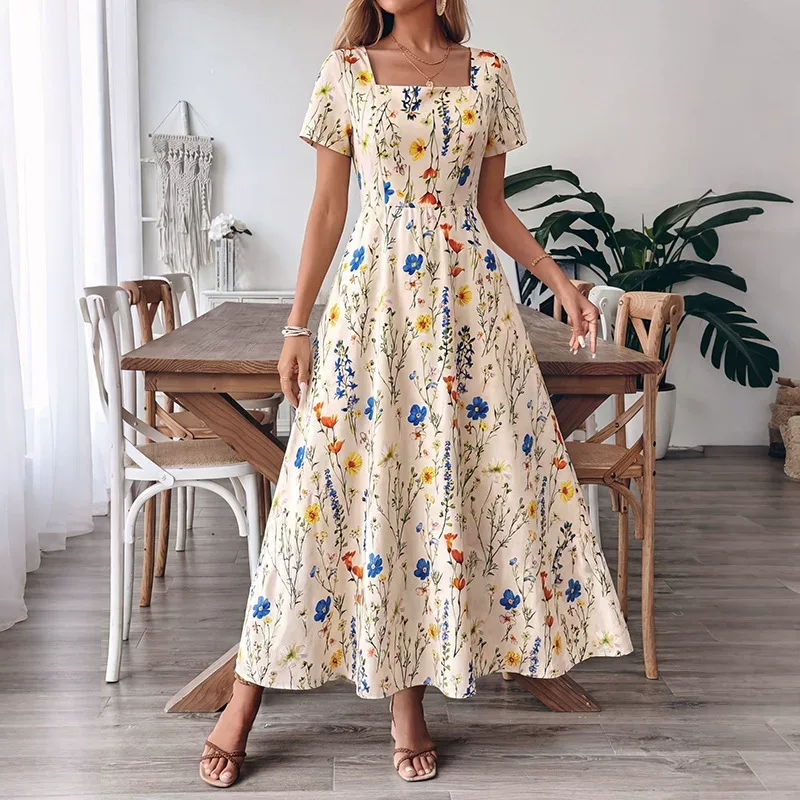 Floral Print Square Neck Short Sleeve Dress French Vacation Style Summer Collection Wholesale Av