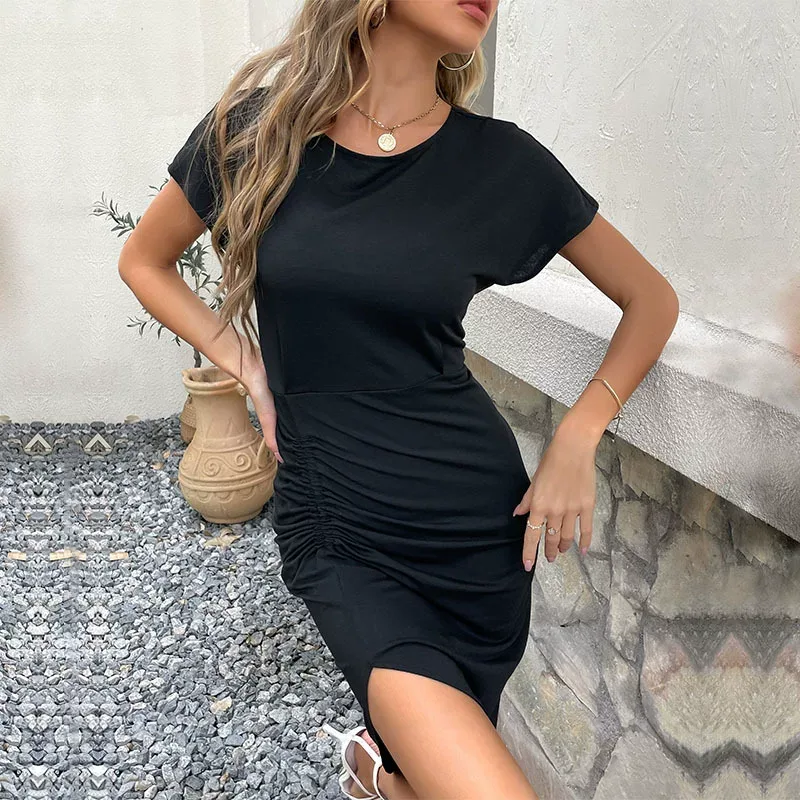 Summer Casual Solid Color Bodycon Dress Irregular Hem Elegant Fit Versatile Style Wholesale Avai