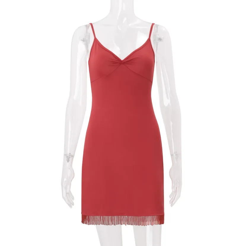 Womens Summer Dress Sexy Solid Color V Neck Backless Bodycon Mini Dress Available in Red Wholesale Low MOQ