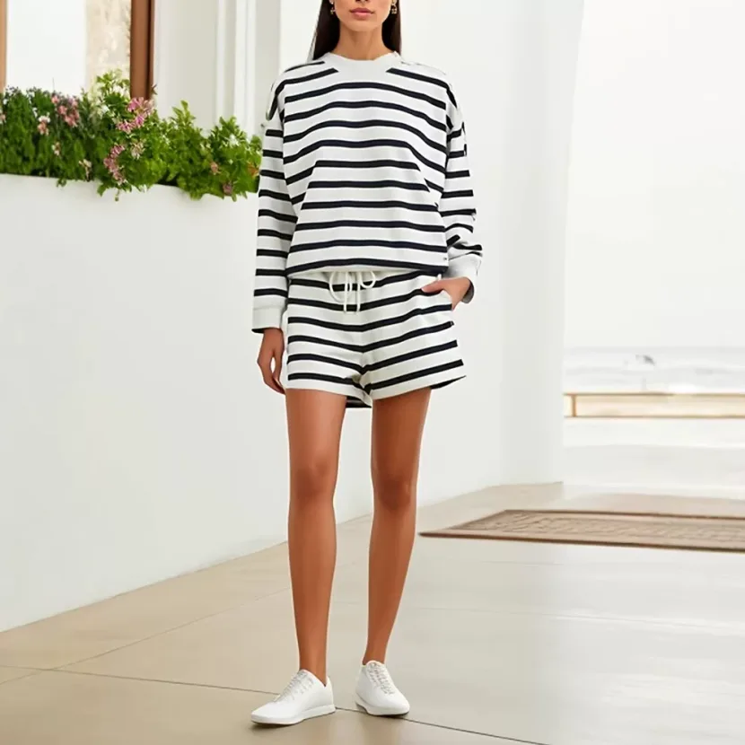 Womens Color Block Striped Sweatshirt Set Loose Fit Round Neck Long Sleeve Shoulder Cutout Short
