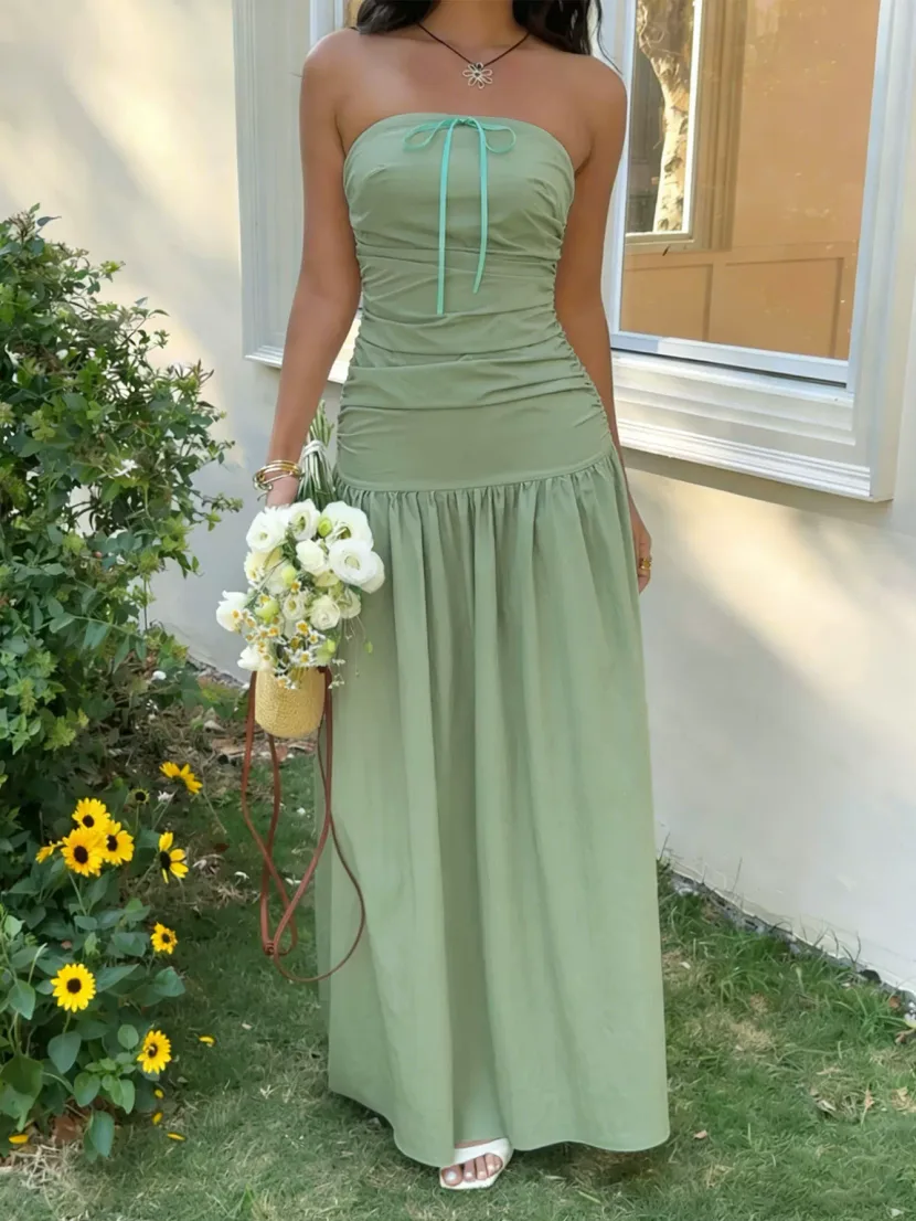 French Style Strapless Maxi Dress Soft Fabric Waist Tie Design Non Slip Strips Summer Vacation W