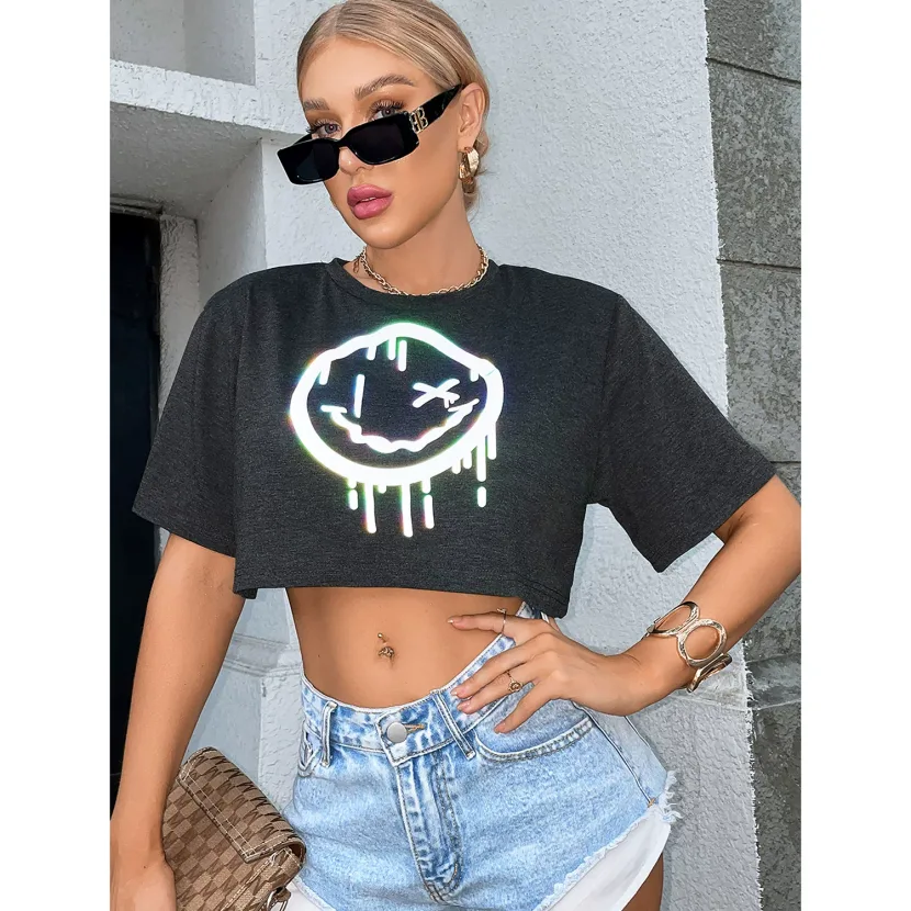 Reflective Short Sleeve T Shirt Trendy Smile Print Versatile Spring Summer Style Wholesale Avail