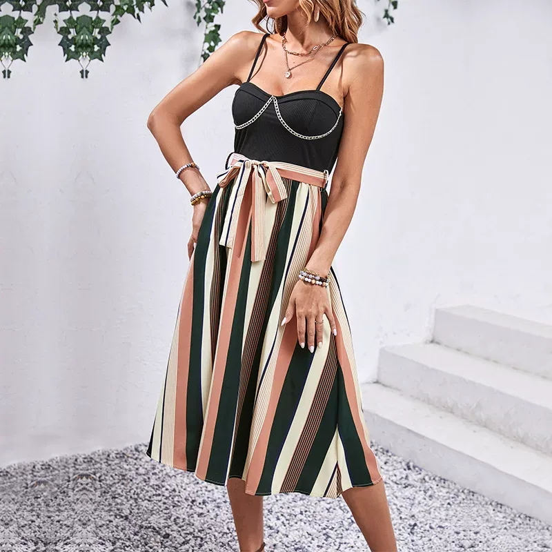 Fashionable Colorful Striped Spaghetti Strap Dress Slim Fit Chain Detail Trendy Design Perfect f
